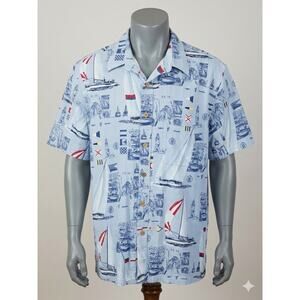 Keeler Bay Nautical Graphic Print Short Sleeve Button-Up Shirt Blue Size L
